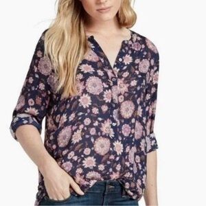 Lucky Brand Floral Print Blouse - Navy and Pink Size:S